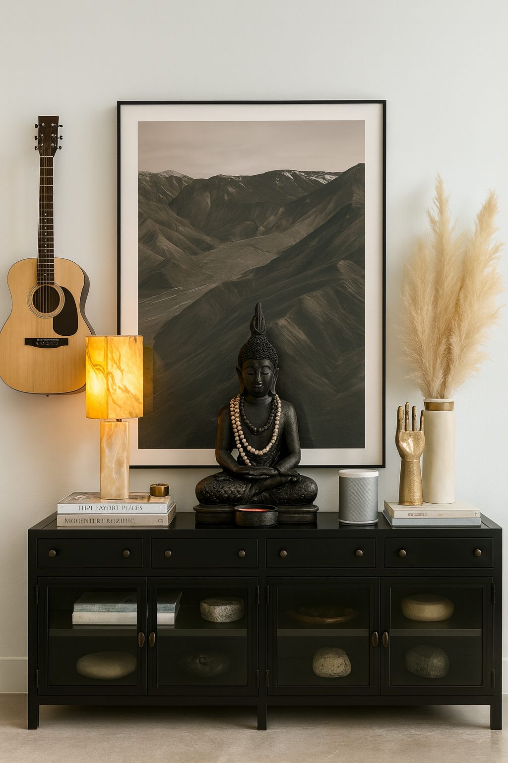 Entry console with Buddha, framed mountain print and pampas