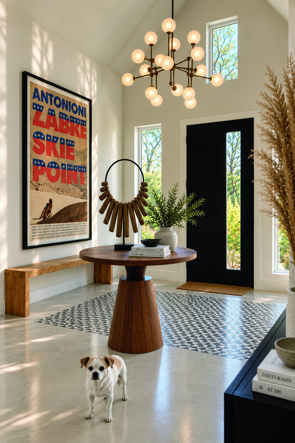 Foyer with Antonioni Zabriskie Point poster, round walnut table and chandelier