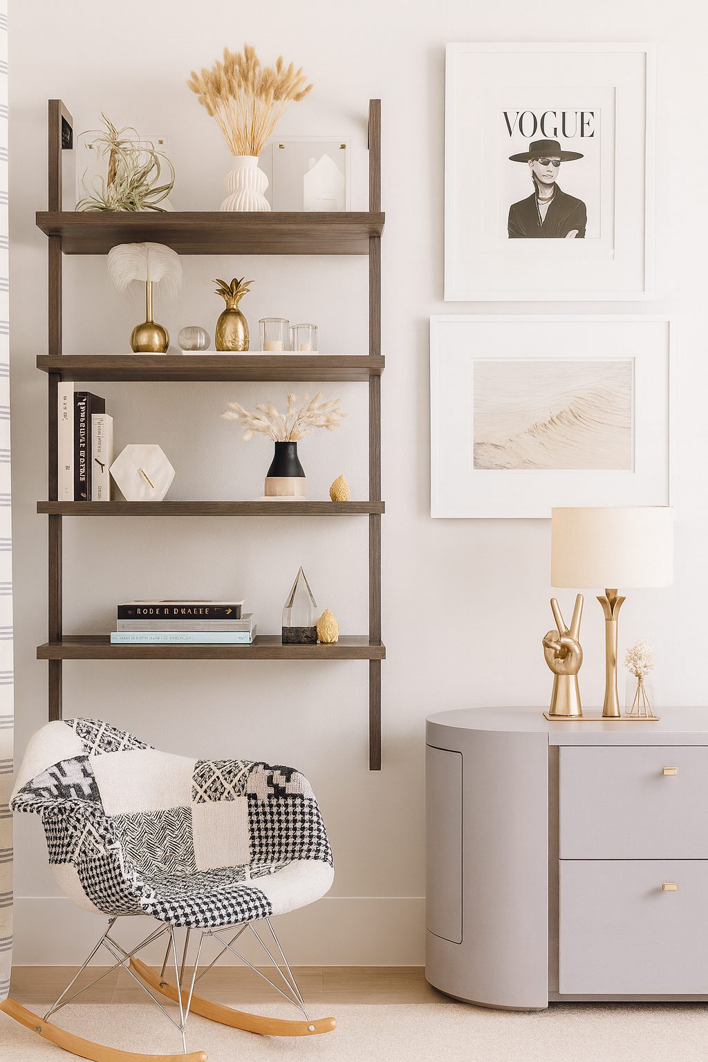 Office corner with ladder shelf, art and rocking chair